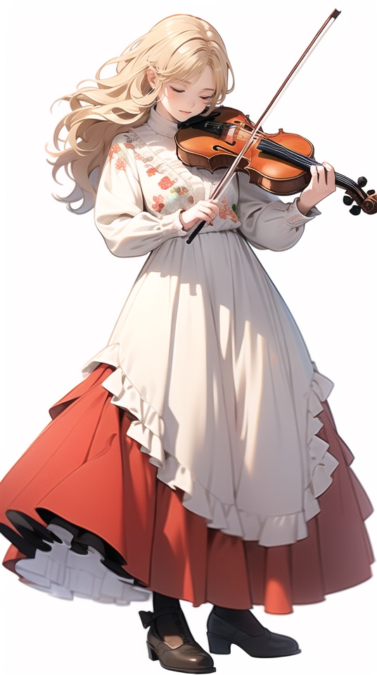 (best quality), ((masterpiece)), (highres), illustration, original, extremely detailed,ooo, 1girl, solo, long hair, dress, music, white background, closed eyes, instrument, blonde hair, violin, holding, full body, simple background, long sleeves, playing instrument, holding instrument, grey footwear, shoes, standing, floral print, parted bangs, closed mouth, frills, white dress, bangs, bow \(music\), wavy hair