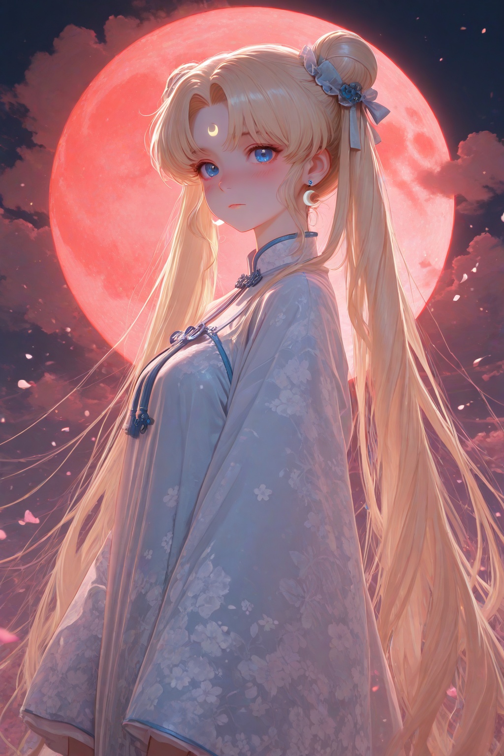 masterpiece,best quality,amazing quality,very aesthetic,absurdres,newest,highres,tsukino_usagi,1girl,solo,long_hair,looking_at_viewer,blush,blue_eyes,blonde_hair,long_sleeves,bow,closed_mouth,jewelry,very_long_hair,twintails,earrings,cloud,wide_sleeves,hair_bun,from_side,parted_bangs,petals,double_bun,chinese_clothes,facial_mark,floral_print,moon,crescent,full_moon,forehead_mark,red_moon,crescent_earrings,crescent_facial_mark,Negative prompt: lowers,bad quality,logo,text,watermark,signature,