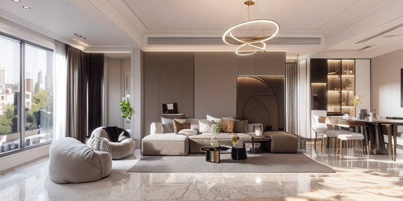 Modern low luxury style, realistic details, indoor photography, french window, white curtains, leather white sofa, gray reflective tile floor, brown carpet, glass table, metal luminous chandelier