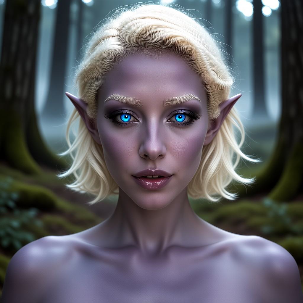 This is a digital,  hyper-realistic portrait of a female elf with a striking,  fantasy-like appearance. Her eyes are a viv...