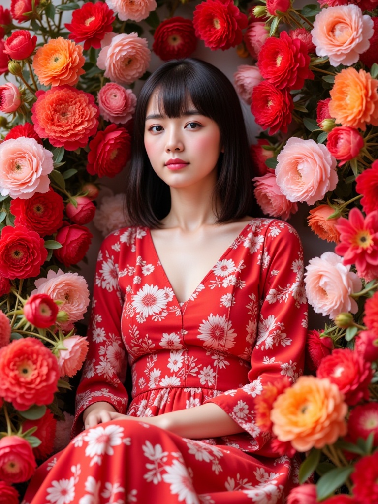 miluo_htjc,flowers,chick with fair skin and a shoulder-length bob rocking a red floral dress, chilling among vibrant roses and peonies. <lora:miluo丨极致人像丨花团锦簇-1.3:1>