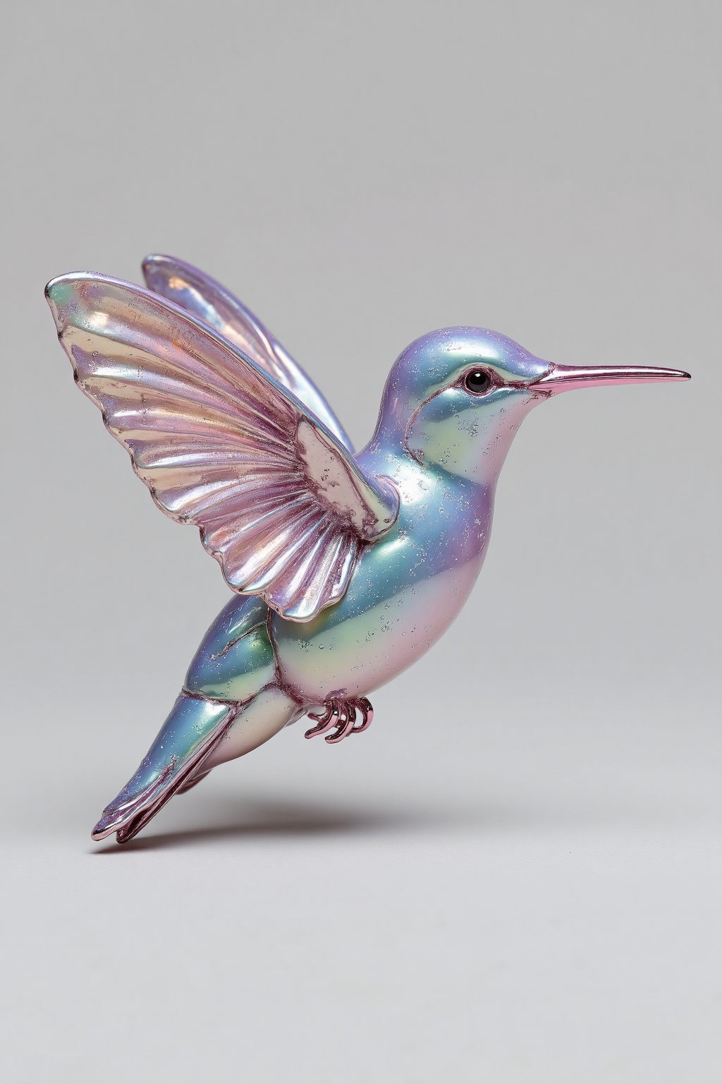 beijihui,Captured from a low-angle perspective on a stark white backdrop, a chromed hummingbird with iridescent emerald wings perches mid-air, frozen in motion and dotted with micro water droplets that shimmer like crystals. Its metallic body reflects soft ambient light, creating a surreal blend of nature and sculpture. The bird's beak, tipped in glowing jade, adds a sharp focal point to the composition's fluid balance.