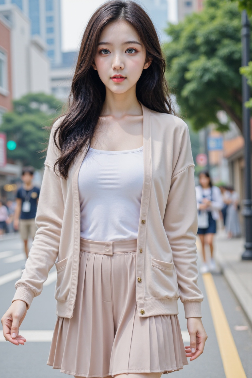 The image is a high-resolution photograph taken in an urban setting, likely a city street. The main subject is a young Asian woman with long dark black hair, walking confidently down the sidewalk. She is wearing a trendy spring outfit: a light cardigan with a T-shirt, paired with a high-waisted pleated short skirt that reaches her ankles. Her makeup is subtle yet polished, with a focus on her lips, which are painted a soft pink, looking at viewer, In the background, The background features buildings and trees, cityscape, The street is paved with grey concrete, and there are visible pedestrian crosswalks. The overall mood of the image is modern and casual, with a focus on everyday city life.