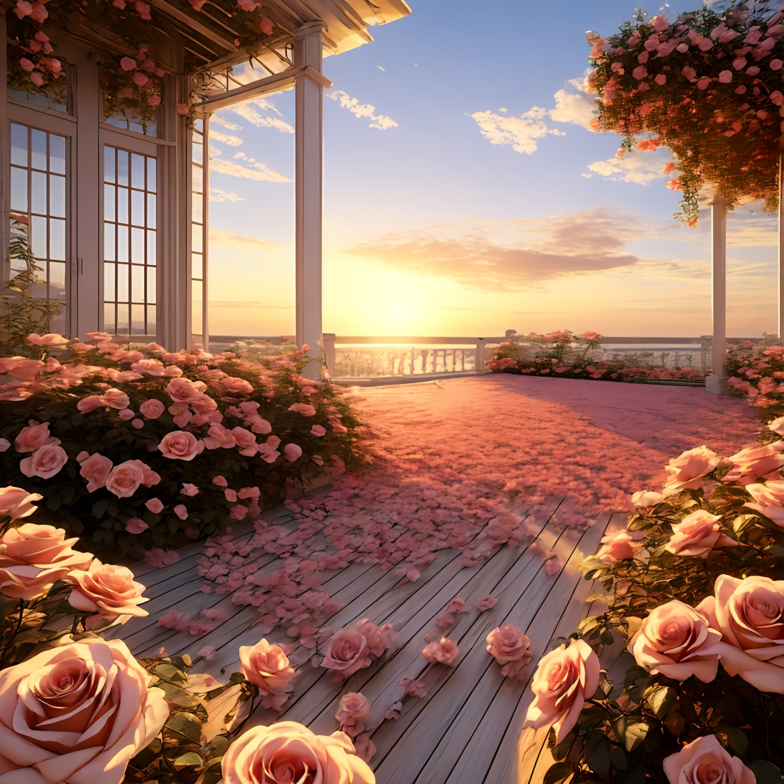 no humans,scenery,outdoors,sky,rose,flower,cloud,sunset,sunlight,<lora:玫瑰花场景-王导:0.8>,