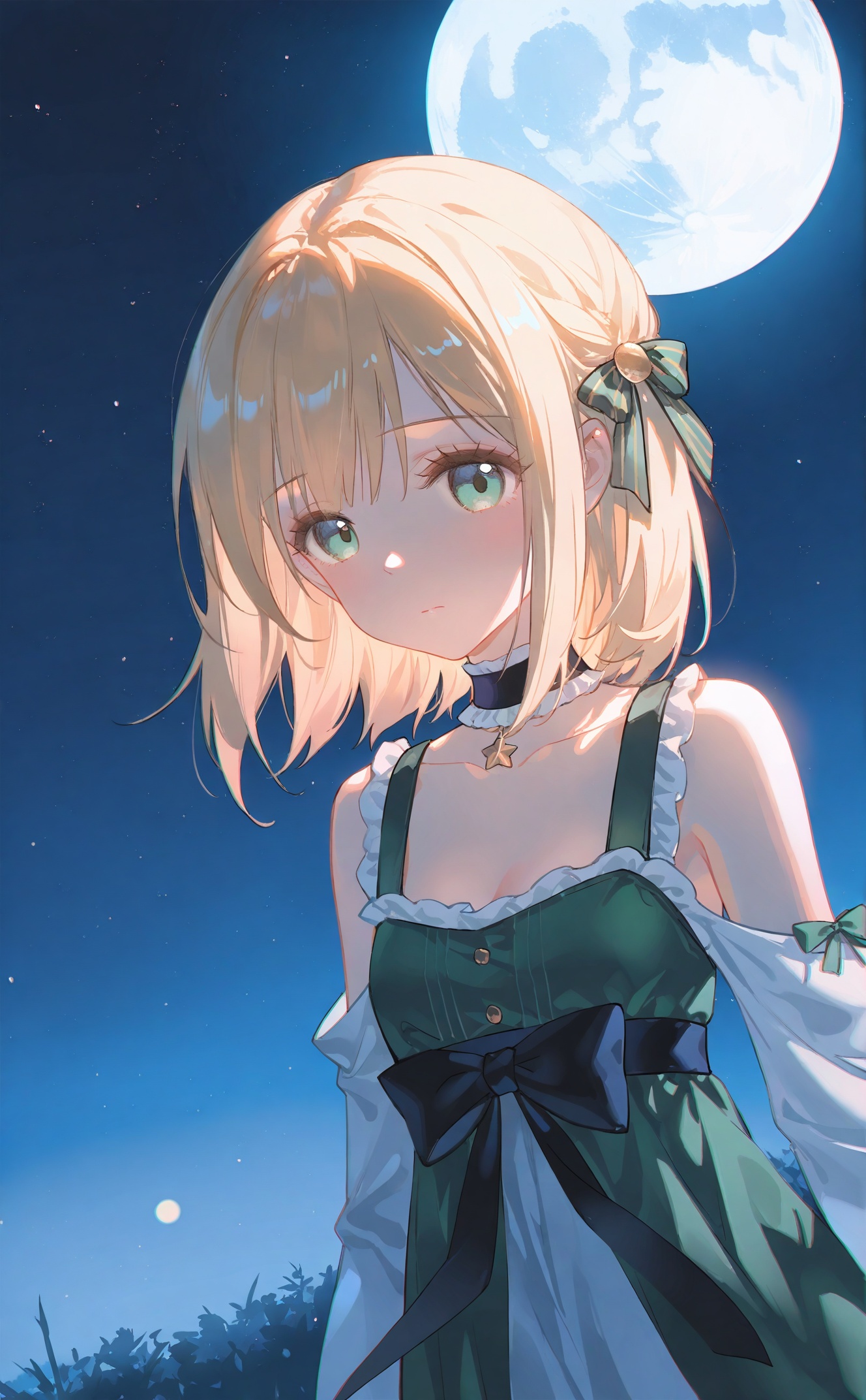 masterpiece,very aware,highres,absurdres,newest,best quality,loli,petite,high quality,chromatic_aberration,cinematic_angle,dutch angle, nyalia, //,artist:ciloranko,artist:ningen_mame,artist:sho_(sho_lwlw),artist:rhasta,artist:wlop,artist:ke-ta,artist:hiten \(hitenkei\),//,1girl, solo, breasts, short hair, blonde hair, hair ornament, dress, bow, cleavage, bare shoulders, green eyes, hair bow, frills, detached sleeves, sky, choker, star \(symbol\), night, moon, star \(sky\), night sky, full moon, starry sky, green dress<lora:maomao-000055:0.8>,