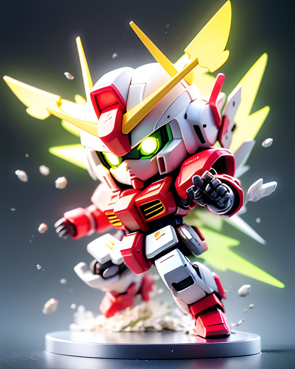 gdsj, mecha, robot, chibi, v-fin, solo, no humans, glowing eyes, glowing, green eyes, mobile suit, science fiction, debris<lora:盲盒2:0.7>,