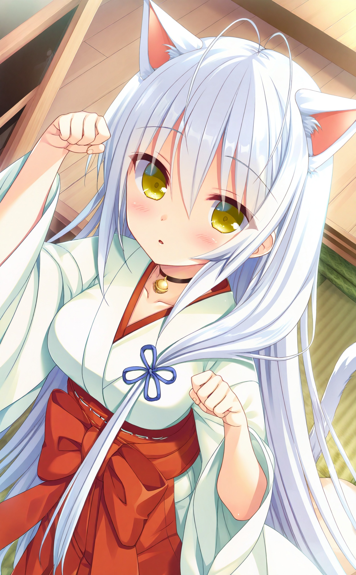 masterpiece,highres,absurdres,newest,best quality,loli,petite,high quality,chromatic_aberration,//,umino_miyako, 1girl, animal_ears, cat_ears, miko, long_hair, solo, japanese_clothes, tail, white_hair, cat_tail, bell, paw_pose, yellow_eyes, dutch_angle, hakama_skirt, hakama, neck_bell, looking_at_viewer, red_hakama, skirt, choker, antenna_hair, jingle_bell, hair_between_eyes, kimono, breasts, wide_sleeves, ribbon, very_long_hair, white_kimono, cat_girl, collarbone, long_sleeves, parted_lips, indoors, medium_breasts, extra_ears, hair_ribbon//,<lora:umino_miyako——【noob】hans:1>,