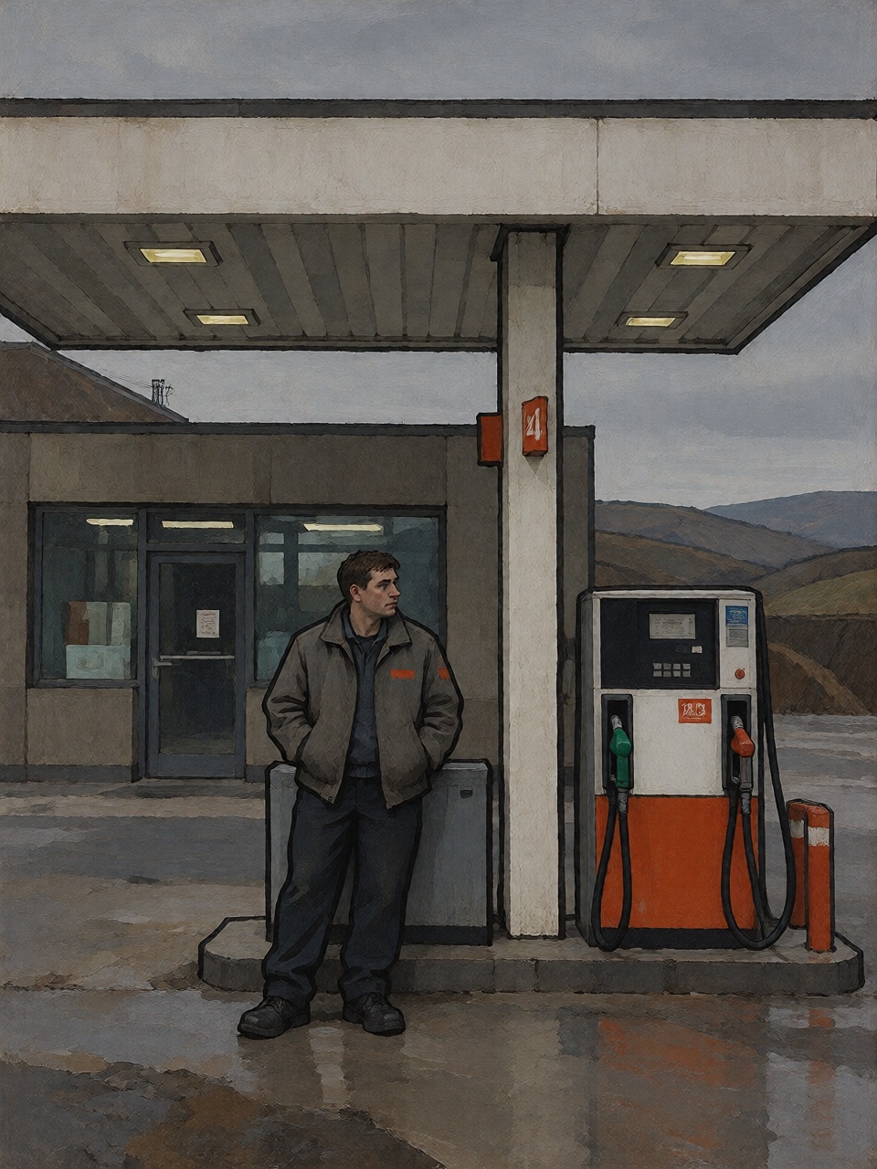 A small contemporary petrol station beside an empty provincial road. A young attendant stands beneath the canopy with his...