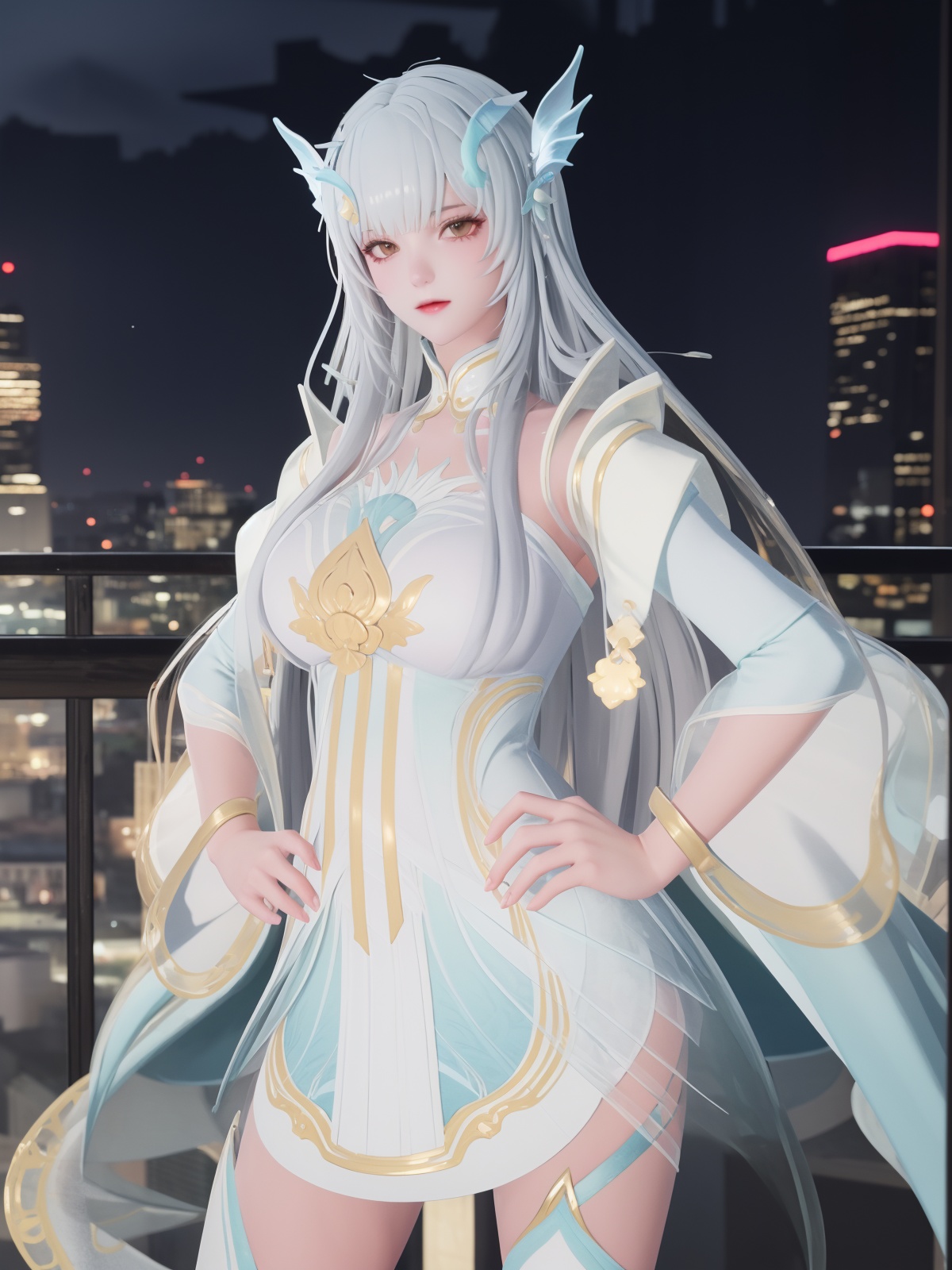 WZRxishiYLQY, 1girl, solo,white hair, long hair,dress, looking at viewer, toeless legwear, hair ornament, wide sleeves,long sleeves, <lora:WZRxishiYLQY:0.75>,cityscape, night, hand on hip, light mile,