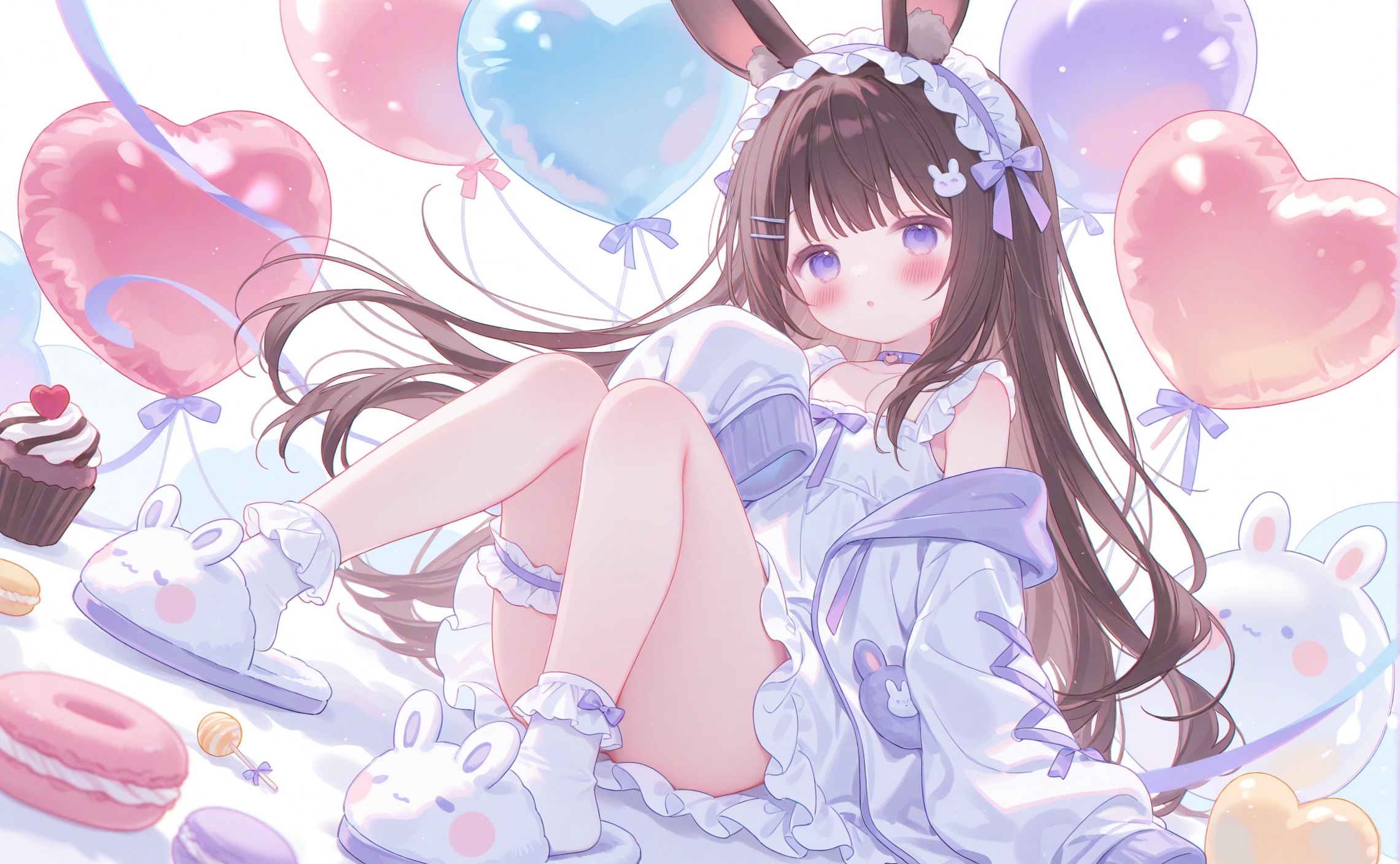masterpiece,very aware,highres,absurdres,newest,best quality,loli,petite,high quality,chromatic_aberration,cinematic_angle,dutch angle,//,umehara,1girl,balloon,animal ears,food,heart balloon,purple eyes,long hair,dress,doughnut,solo,bridal garter,white dress,macaron,slippers,rabbit ears,hair ornament,candy,full body,white socks,looking at viewer,socks,frilled socks,sleeves past fingers,lollipop,brown hair,hairclip,cupcake,sleeves past wrists,jacket,white footwear,sitting,animal slippers,choker,frills,knees together feet apart,blush,off shoulder,animal ear fluff,heart,purple bow,open clothes,bow,:o,white background,cardigan,rabbit girl,sleeveless dress,convenient leg,long sleeves,cloud,purple ribbon,open jacket,hair bow,parted lips,ribbon,frilled dress,white jacket,very long hair,sleeveless,hairband,collarbone,purple choker,rabbit,bare shoulders,lolita hairband,bobby socks,simple background,virtual youtuber,pastel,