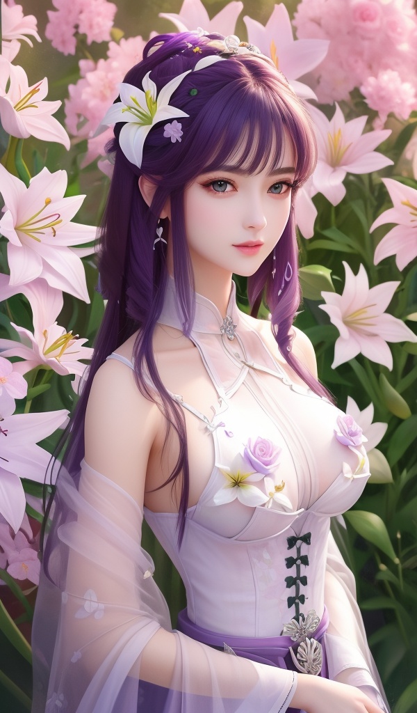 (,1girl, ,best quality, ),looking at viewer, <lora:381-DA-武动乾坤-绫清竹-新模:0.8> ,ultra detailed 8k cg,ultra detailed background,ultra realistic 8k cg,1girl, solo,(bare shoulders:0.85),(masterpiece, best quality),((oil painting style)),sexy young lady,(beautiful face and eyes),(upper body:1.5),(whole body:1.05),(single person:1.2),surrounded by flowers, (lily), roses, floret, vegetation, white, purple, purplish pink,Impressionism,colorful,(Breast size:1.3),(()),