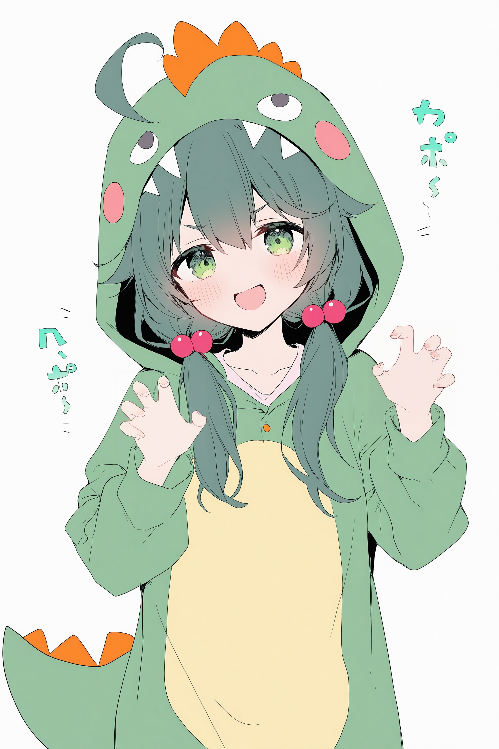 <lora:nai4zhengliu-ckxl0.2_v1-000071:0.9>,high resolution,aesthetic,excellent,medium resolution,1girl,solo,green hair,green eyes,blush,open mouth,smile,ahoge,twintails,hair ornament,hair bobbles,kigurumi,pajamas,hood,hood up,dinosaur costume,animal costume,long sleeves,undershirt,hands up,claw pose,gao (pose),looking at viewer,tail,text,japanese text,sound effects,simple background,white background,upper body,