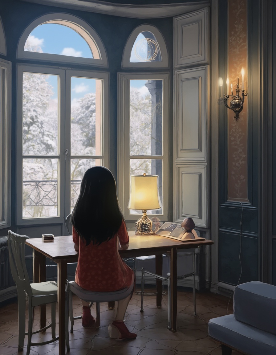 architecture,  black hair,  chair on Tensor.Art