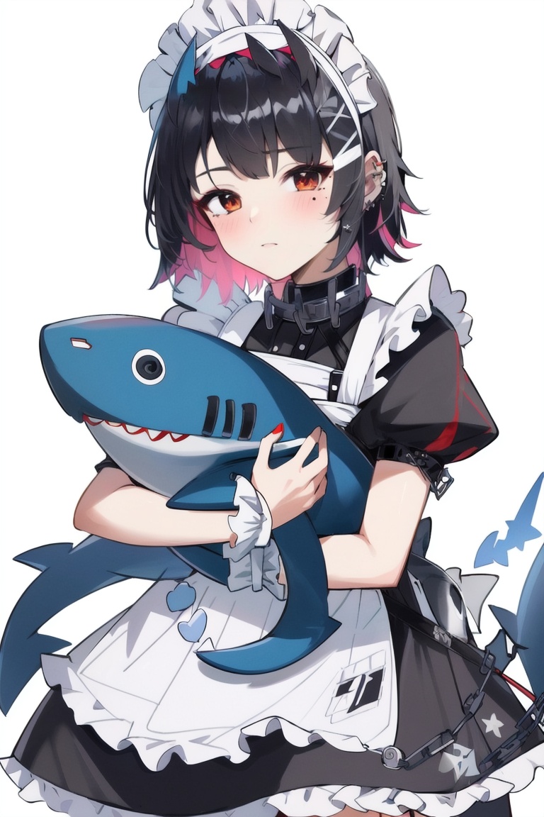 ((HRD, HUD, 8K)),((masterpiece, best quality)), highly detailed,EllenJoe, 1girl, stuffed toy, red eyes, stuffed animal, black hair, multicolored hair, maid, red hair, mole, maid headdress, solo, looking at viewer, mole under eye, short hair, piercing, apron, holding stuffed toy, stuffed shark, chain, ear piercing, short sleeves, bangs, two-tone hair, closed mouth, dress, holding, blush, black dress, jewelry, collar, puffy sleeves, object hug, maid apron,  <lora:20240705-1720168506454:0.8>