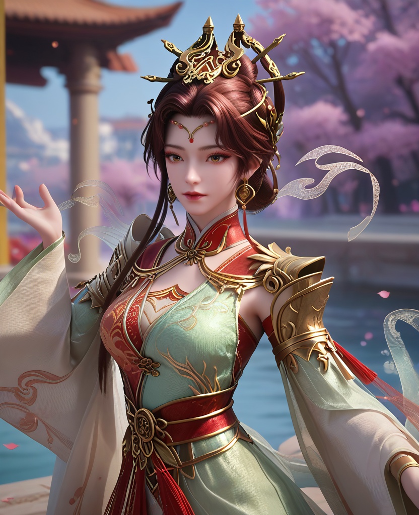 (oriental architecture, elegant decor, sophisticated style:1.1),ass,(breasts:1.2),<lora:XL16完美世界真仙英灵:0.95>,1girl,two-tone celadon and red cross-collar hanfu,brown eyes,brown hair,traditional chinese updo with long front strands,hair ornament,earrings,jewelry,wide flowing sleeves,sash,, zPDXL2, score_9, score_8_up, score_7_up BREAK realistic, masterpiece,best quality, highly detailed,, zPDXL3, zPDXL2,zPDXL, zPDXLxxx, zPDXLrl,