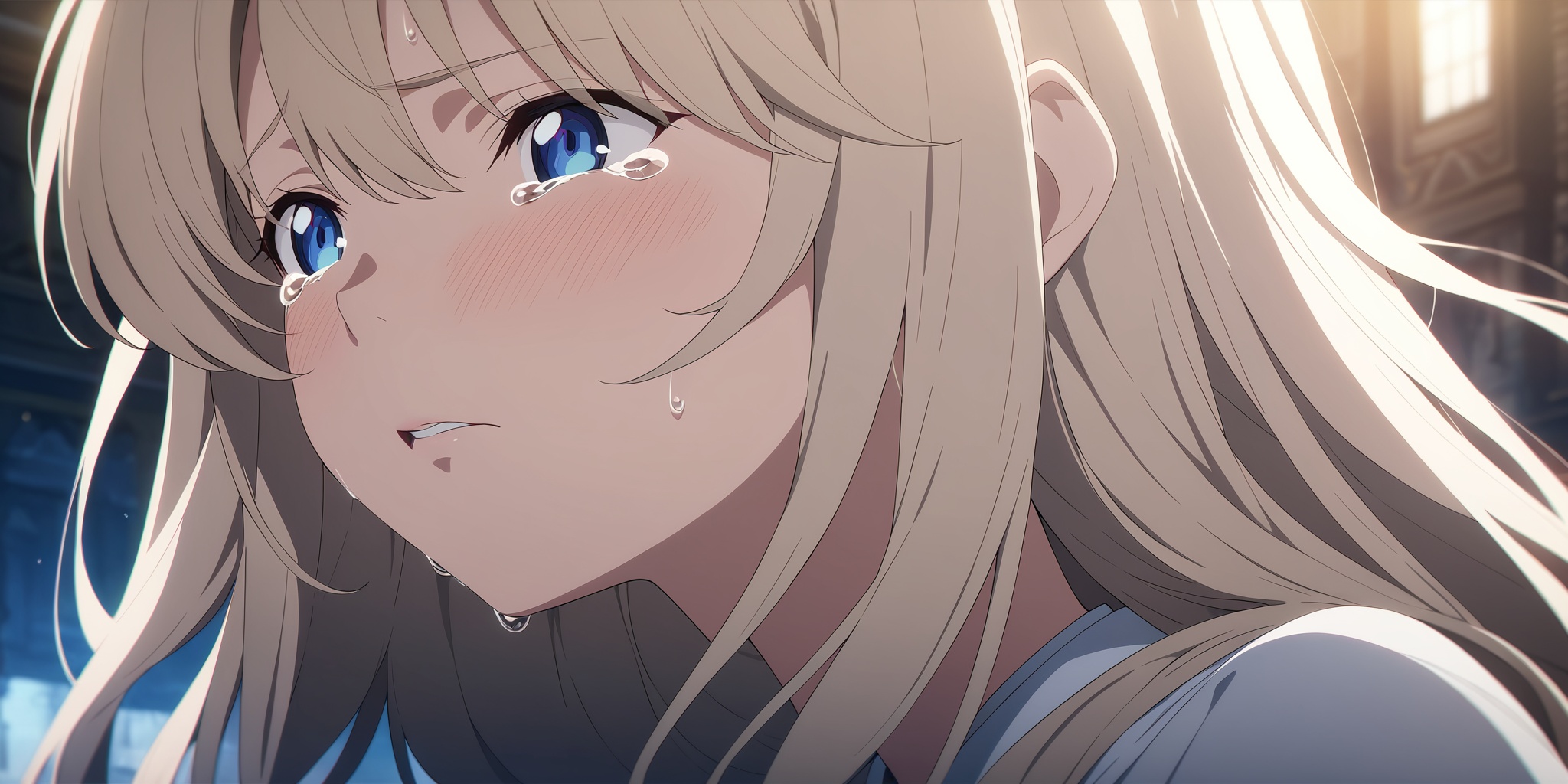 A close-up of a beautiful anime-style girl with long,  flowing hair that frames her face. Her eyes are large,  filled with...