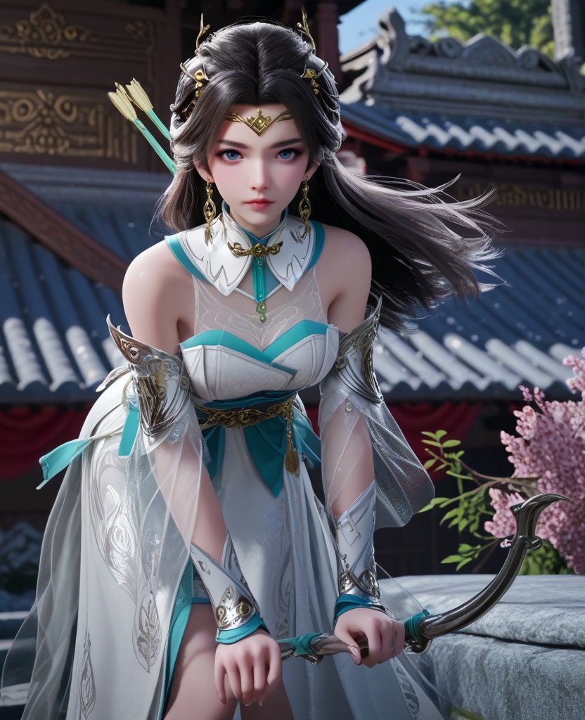 (oriental architecture, elegant decor, sophisticated style:1.1),(Leaning forward with hands on knees,:1.1),arrows,archery bow,bowstring,quiver,draw the bow,nock an arrow,draw and aim,arrow,weapon,(breasts:1.2),<lora:XL16仙帝归来李染竹:0.95>,miss liranzhu,white dress,blue eyes,black hair,long hair,hair ornament,jewelry,earrings,wide flowing sleeves with see-through,sash,, score_9,score_8_up,score_7_up,score_6_up,score_5_up,score_4_up,3d rendering,tag1,tag2, Cinematic Lighting,backlighting,