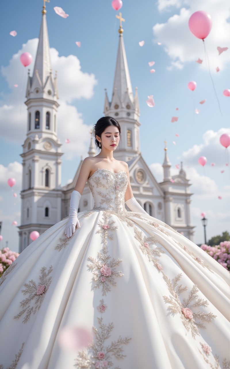 <lora:婚纱17.2:1>,hunsha,1girl,dress,solo,gloves,black hair,elbow gloves,white dress,bare shoulders,white gloves,wedding dress,closed eyes,long dress,strapless,short hair,church,in the background is the 1 glorious church,a large number of petals and balloons flying in the air,<lora:时尚滤镜10:0.5>,