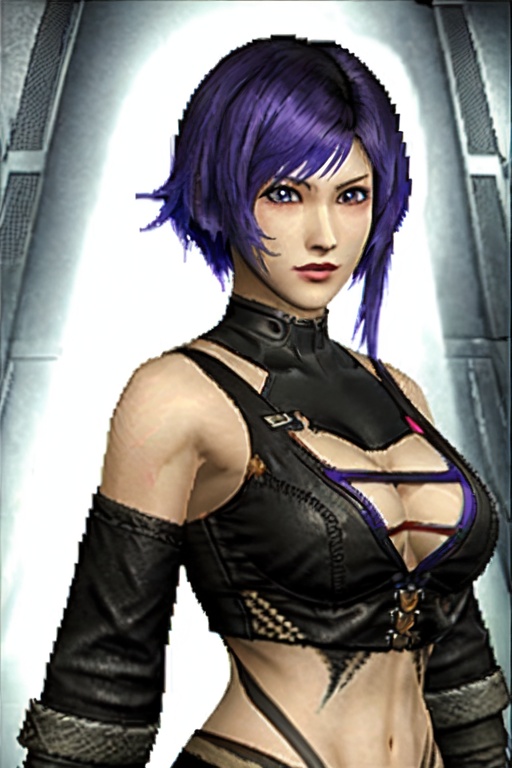 masterpiece, best quality, 1girl, ps2 style , pixelated textures, <lora:PS2 Style:0.6>  <lora:tekkenreina-nvwls-v2:0.7> Reina, tekken 8,  upperbody, close up, purple hair