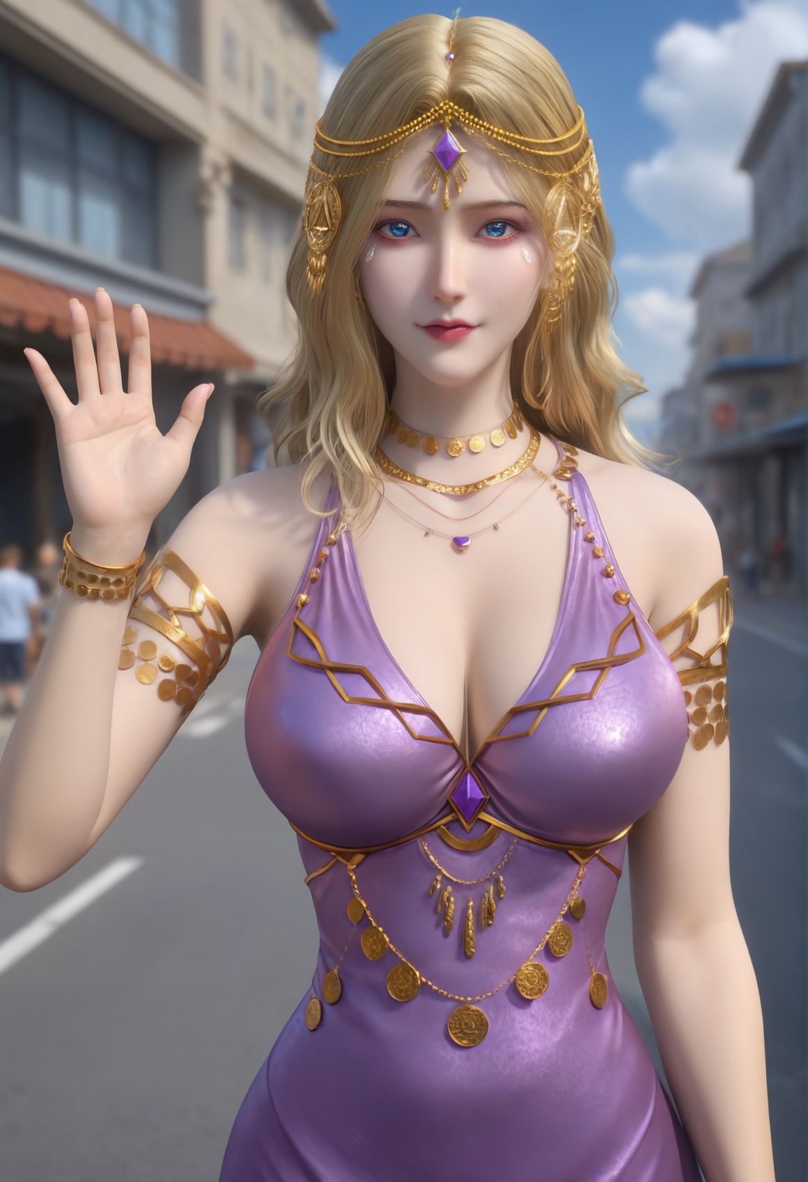 (score_9),<lora:卡丹1-Apony:0.83>,kardan,(mature_female),solo,blonde hair,long hair,hair ornament,jewelry,necklace,forehead jewel,head chain,gem,armlet,bracelet,purple dress,<lora:perfect eyes_v1:1>,blue eyes,looking at viewer,front view,light blush,bright pupils,<lora:Expressive_H-000001:0.8>,(waving:1.1),collarbone,pointy breasts,puffy breasts,large breasts,narrow waist,outdoors,street,blue sky,blur background,building,city,cloud,cloudy sky,day,depth of field,<lora:皮肤凹痕:1.2>,