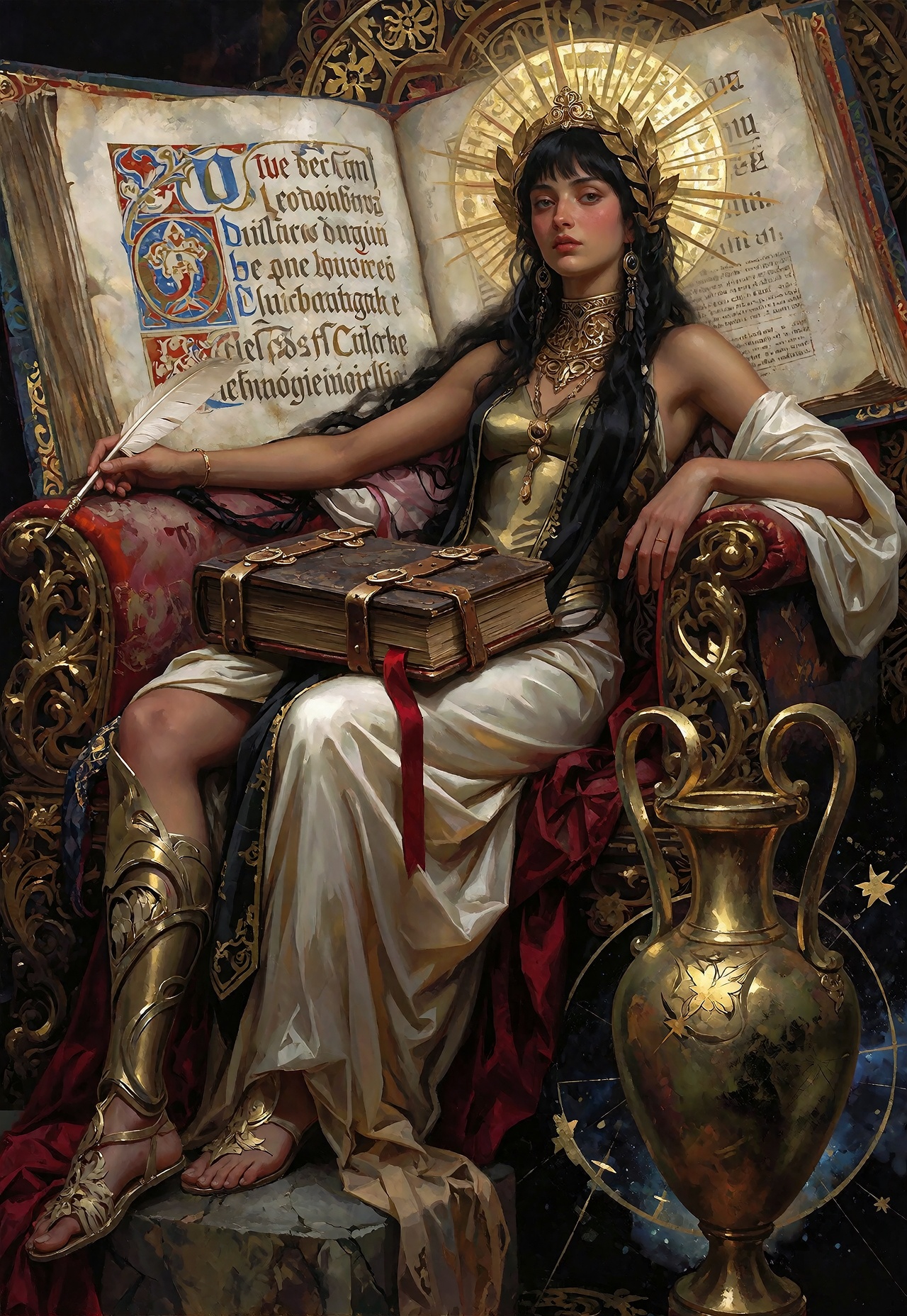 Reclining regally upon an upholstered throne in an authoritative palette of antique gold,  obsidian black,  rich bronze on...