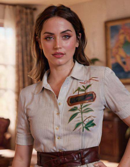 cinematic upper body up to waist portrait of Ana De Armas as (1980s era woman with 1980s vintage clothes),  inside a 1980s...