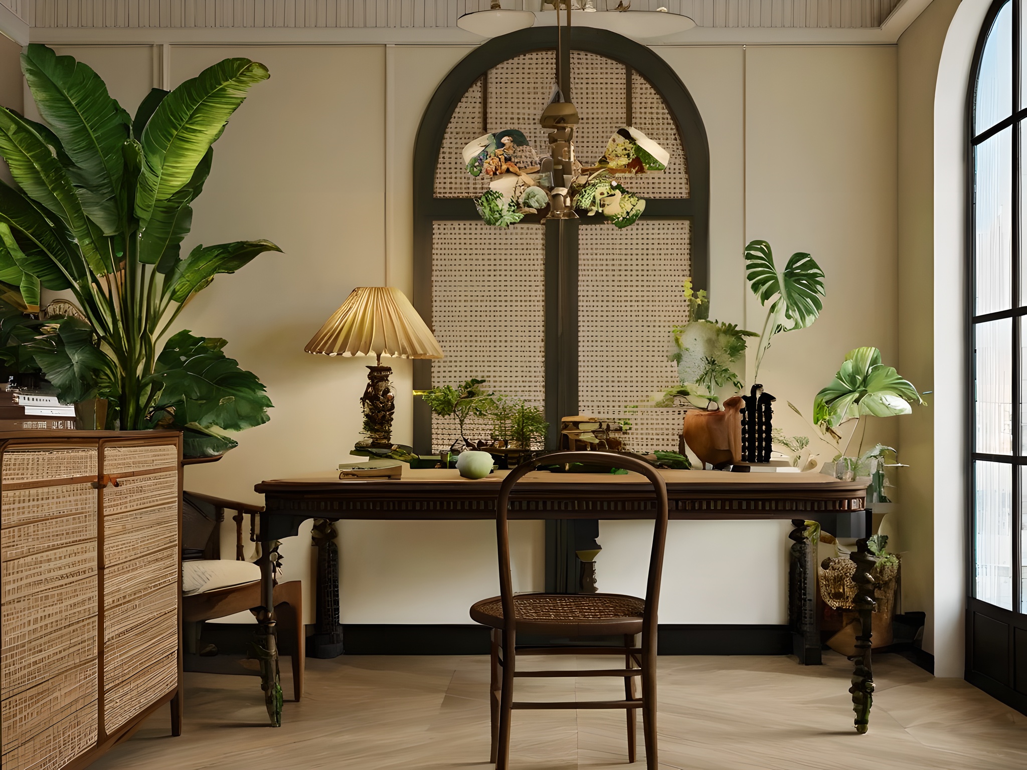 nanyang,fugu,no humans,chair,indoors,table,lamp,window,plant,8K,masterpiece,reality,<lora:nanyang XL1.0-000004:1>,