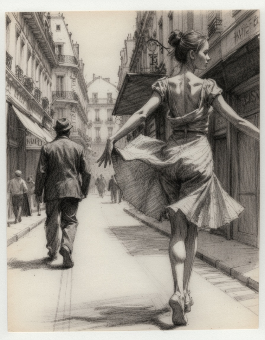 ehsketch,  girl dancing in the streets of paris on Tensor.Art