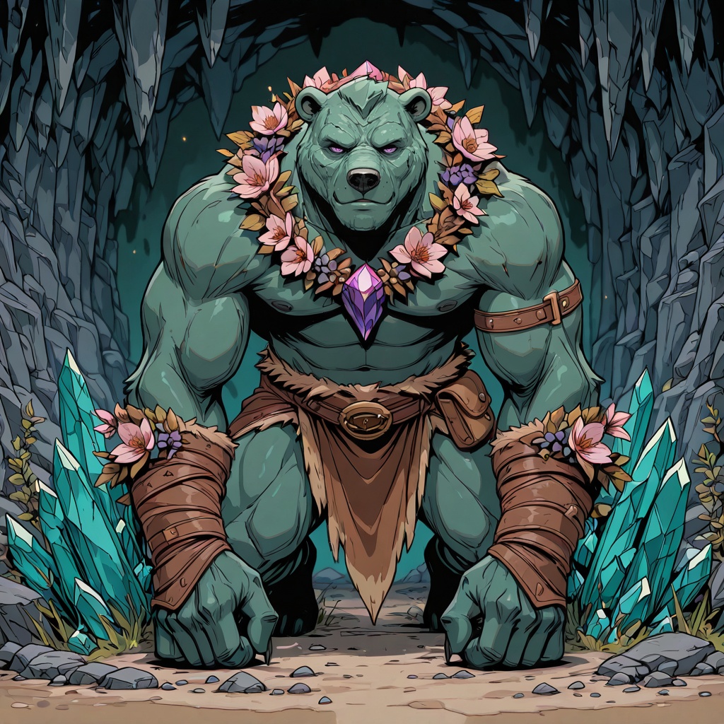 D&D Painterly,  A digital illustration depicting an ogre-like creature with vibrant green skin,  thickset physique on Tens...