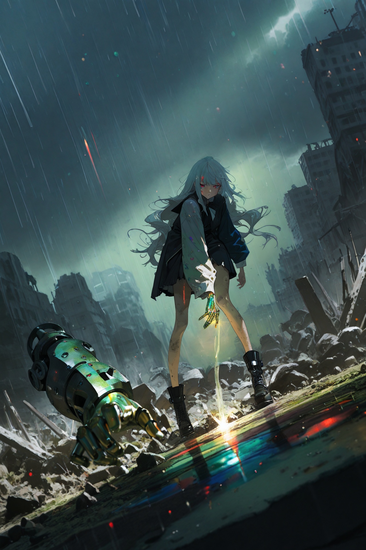 masterpiece,best quality,amazing quality,very aesthetic,absurdres,newest,in the style of fashion photography,light particles,cinematic lighting,Visual impact,sharp focus,Emotionalization,depth of field,dynamic pose,dutch angle,extreme aesthetic,scenery,(dino_(dinoartforame):0.5),(yoneyama mai:0.5),(Yomu:0.3),(quasarcake:0.5),(wlop:0.5),1girl,the girl is in the ruins,the terrible blizzard cover the ground,breathing fast,hot,shivering,injured,one hand covering the other,mechanical arm,steampunk,gold_skin,colorful clothes,dusty appearance,despair,looking at the sky,clouds,rain,rain dripping on the face,cyberpunk,dirty,broken,silver hair,very long hair,silver hair glowing metallic,hair exploding,