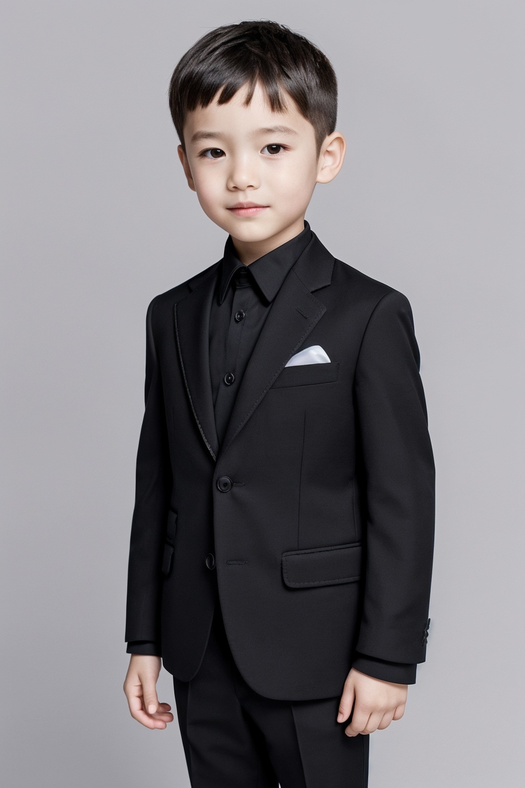 1boy,5 years old,asians,solo,child,crew cut,black suit,white background,medium shot,85 mm Lens,masterpiece,(extremely delicate),(best quality),ultra high res,