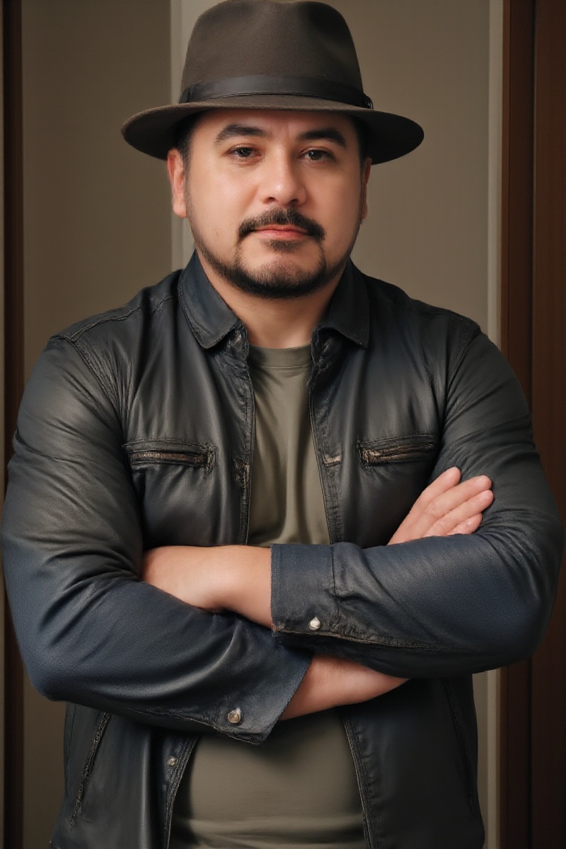 TWNELPHONT,A solo shot of a ruggedly handsome man wearing a black leather jacket with a hint of rebellious attitude. He's sporting a stylish fedora and a thick beard that adds to his tough-guy persona. The camera captures him from the chest up, with the denim-clad arms crossed over his torso, conveying a sense of confidence and nonchalance. Soft focus lighting creates a moody atmosphere, highlighting the contours of his rugged features. <lora:FLUX.TWNELPHONT:1>