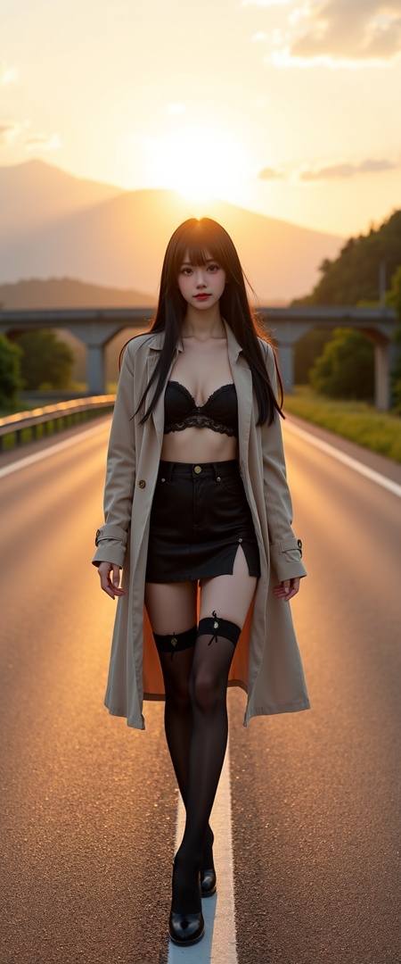 a high-resolution photograph featuring a young asian woman standing on a long, empty highway at sunset, the woman has long, straight black hair and a fair complexion, she is dressed in a black, form-fitting mini-skirt that accentuates her slender physique, and a long beige trench coat that drapes over her shoulders, revealing a black lace bra underneath, her black stockings are tattered and worn, adding a sense of vulnerability to her outfit, she wears black high-heeled shoes, completing her edgy look, the background shows a concrete bridge over a lush green forested area, with a distant mountain range under a soft, cloudy sky, the sun is setting, casting a warm, golden glow over the scene, the overall mood of the photograph is serene yet provocative, with the woman's confident stance and the serene landscape providing a stark contrast to her modest attire, the photograph captures a moment of quiet contemplation, emphasizing the beauty and solitude of the setting, The golden hues of the setting sun bathe the scene in a warm, ethereal light that accentuates the woman's confident silhouette and the tranquility of the landscape, while the soft clouds above add a touch of serenity to the provocative atmosphere,,(((photo raw)), Silhouette Lighting and High-Key Lighting Fisheye Distortion and volumetrics dtx , ,),from front,Alternate Reality, Stylish Fashion, Creative Art, Unique Aesthetic,Alternative Style,reflective light,glowing,energy, reflection ,wearing see-through Hanfu,