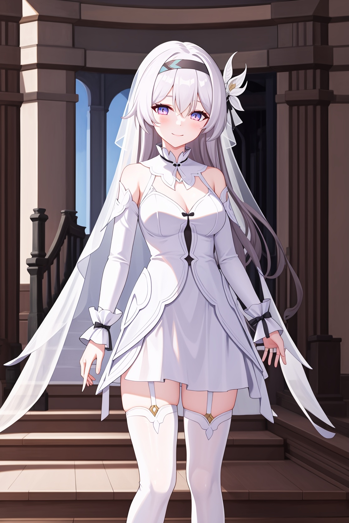 <lora:流萤16:0.85>,1girl,a girl named liuying,liuying,long sleeves,long hair,high quality,black hairband,(purple eyes:0.6),(wedding dress,white thighhighs,white dress:1.3),light smile,, ,  (masterpiece,best quality:1.2),absurdres