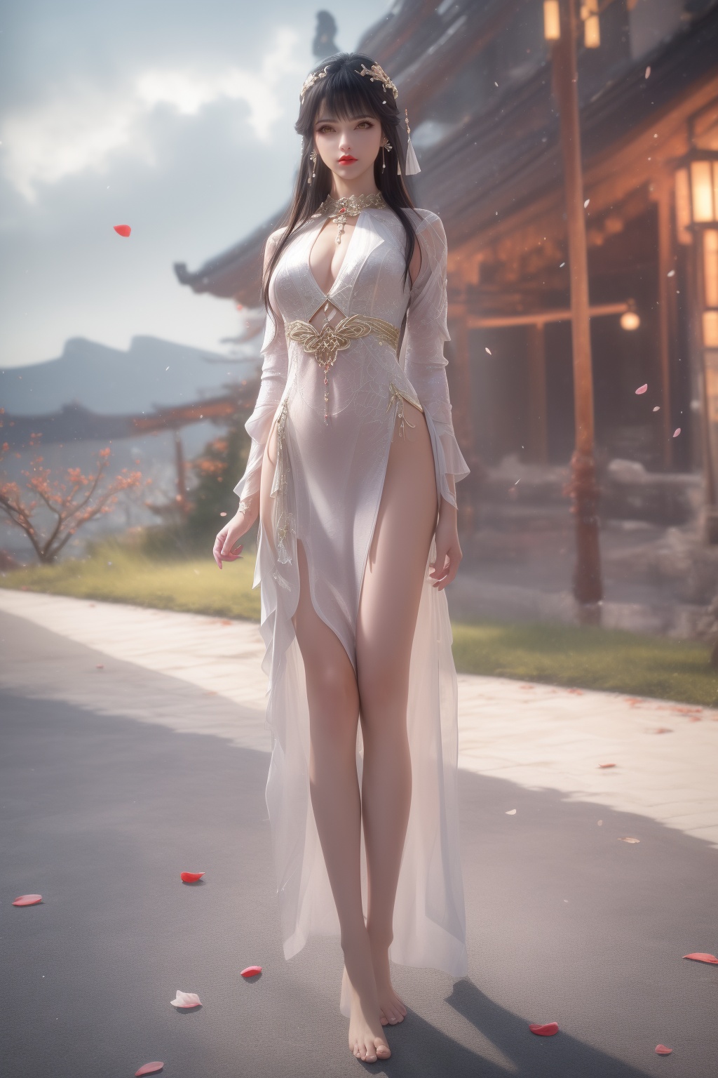 photo_\(medium\),(8k, RAW photo, best_quality),(masterpiece:1.2),(realistic:1.2),(photorealistic:1.3),(ultra-detailed),(extremely_detailed_cg_8k_wallpaper),(crystal_texture_skin:1.3),(shiny:1.2),(shiny_skin:1.4),(extremely_delicate_and_beautiful),petals,flower,sky,cherry blossoms,falling petals,fair skin,shenfengBaiYueRon,white clouds,1girl,solo,dress,chinese clothes,torogao,red lips,breasts,bangs,wide sleeves,clothing cutout,standing,jewelry,hair ornament,earring,realistic,looking at viewer,barefoot,<lora:shenfengBaiYueRon_20240728173838-000004:0.7>,landscape,full_shot,