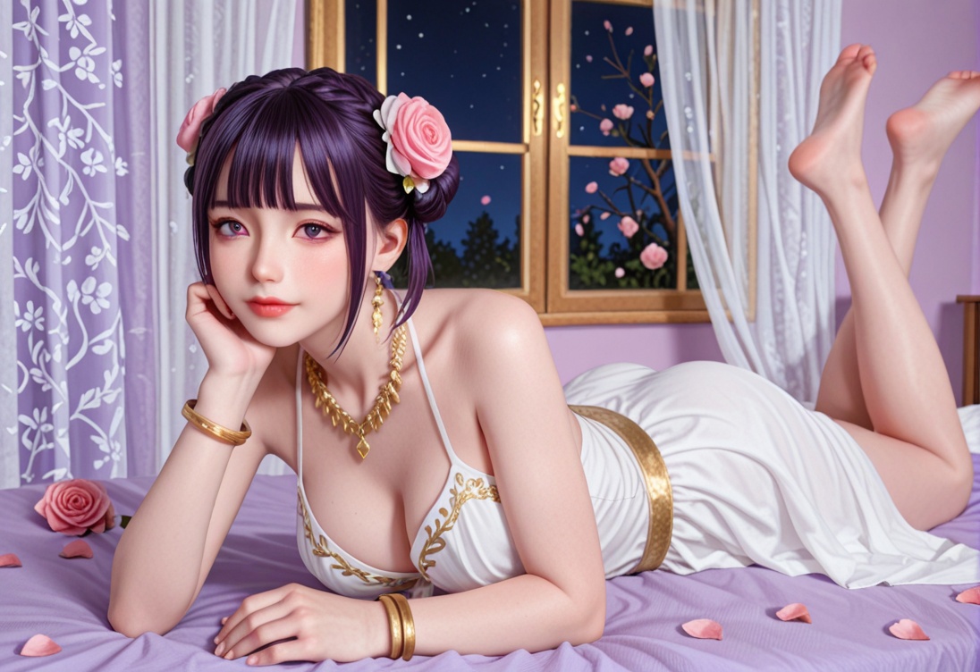 A woman sprawled on the bed. She wore an elaborate and ornate costume with gold accents and lace details. Her hair was black,and she wore it in an elegant bun decorated with pink flowers.Lying on his stomach with his legs up, She wore several gold bracelets and a necklace with a pendant. The bed was covered with a white and purple bedspread sprinkled with pink rose petals. In the background was a large window draped in tulle curtains,and out of the window was a field of blooming cherry trees against the twilight sky. The whole scene has a peaceful and dreamy atmosphere.,<lora:akiy:0.6> <lora:aki-000009:0.4>  <lora:hansxl-HTⅡ:0.5> <lora:hansxl-gufeng:0.51> <lora:ClothingAdjuster3:1>