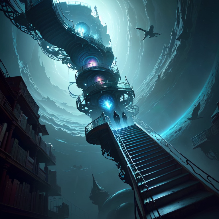 staring up into the infinite maelstrom library, endless books, flying books, spiral staircases, nebula, ominous, cinematic atmosphere, negative dark mode, mc escher, art by senseijaye, matrix atmosphere, digital code swirling, matte painting