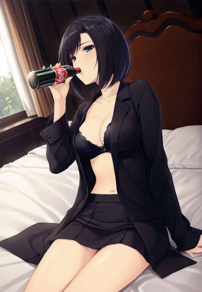 (best quality), ((masterpiece)), (highres), illustration, original, extremely detailed,   <lora:黑暗物语葬の花:0.7>1girl, solo, black hair, underwear, bra, coca-cola, drinking, black bra, short hair, shirt, bed, sitting, open clothes, blue eyes, bottle, open shirt, lingerie, breasts, blush