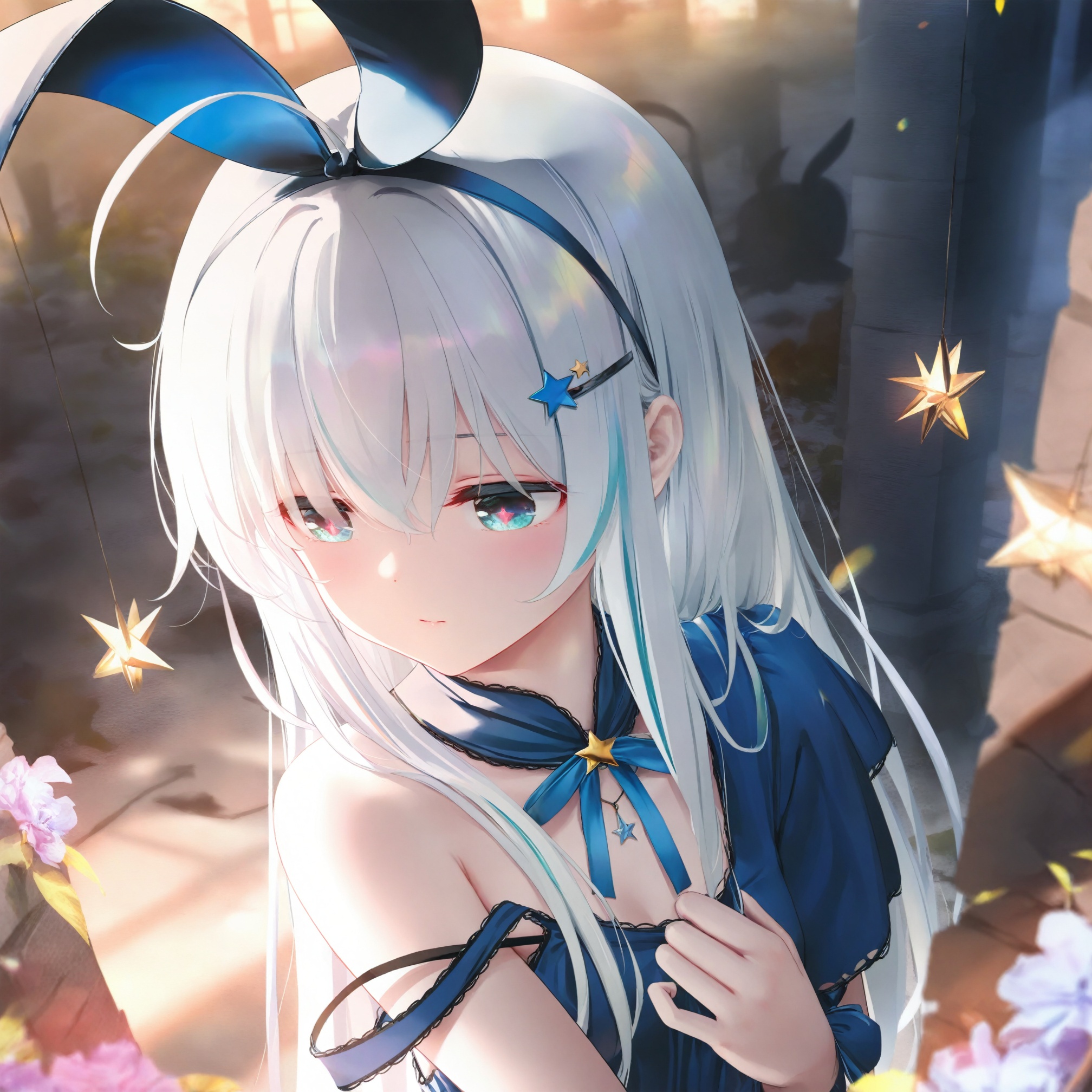 masterpiece,best quality,high quality,loli,loli,loli,1girl,solo,long hair,tender sister,upper body,blush,unusual pupils,clothed,Flowers,cornflowers,late at night,ruins,blue flowe,flower sea,//,Lanlan,1girl,ahoge,silver hair,pale_skin,gradient eyes,aqua eyes,fair_skin,very long hair,alice_\(alice_in_wonderland\),necklace,petite,long hair,white hair,bangs,blue eyes,medium breasts,hair ornament,ribbon,hair between eyes,fake animal ears,hair ribbon,hairband,hairclip,star \(symbol\),neck ribbon,blue ribbon,star hair ornament,blue hairband,rabbit ears,blue ears,wardrobe_error,strap_slip,//,(Artist chen bin:1.5),(Artist agwing86:1.3),(Artist aki99:0.5),(Artist z282g:0.9),artist:wanke,(artist:ke-ta:0.6),[Artist:wlop],(Artist wsman:0.6),(fkey:0.5),(hiten \(hitenkei\):0.6),omone_hokoma_agm,[[Artist amashiro natsuki]],//,official art,depth of field,high contrast,colorful,detailed light,light leaks,beautiful detailed glow,best shadow,shiny skin,cinematic lighting,ray tracing,best quality,amazing quality,very aesthetic,absurdres,beast quality,masterpiece,ultra detailed,newest,8K,HDR,