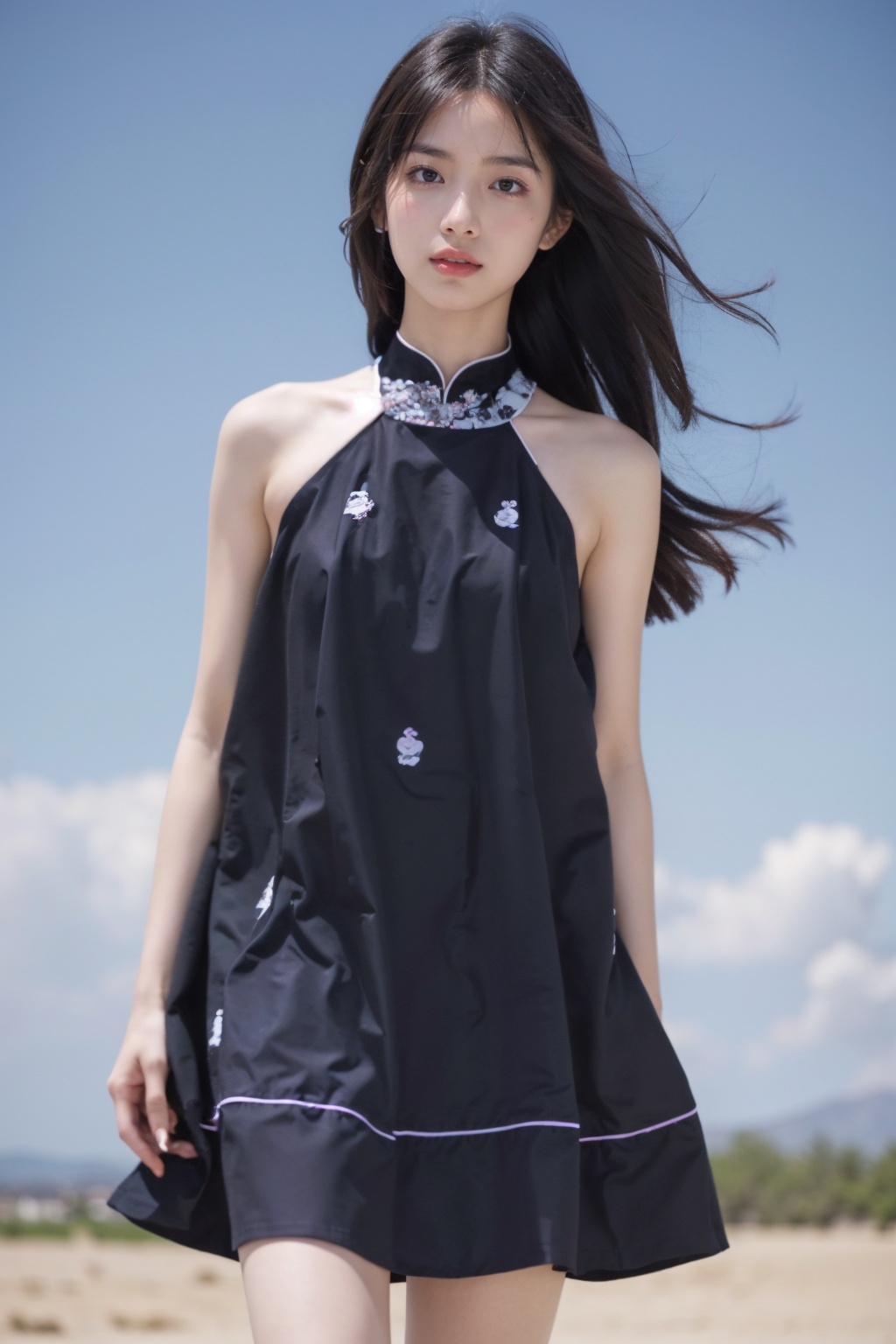 realistic,photo,masterpiece,highest quality,exquisite details,amazing art,realistic details,pretty face,real skin,8K,RAW,movie lighting,soft light,shallow depth of field,bokeh,dreamy,1girl,huge breasts,long hair,black hair,standing,(solo,desert,sun,blue sky and white clouds,noon),<lora:add_detail:0.5>,<lora:ENNE 黑色无袖连衣裙_v09:1>,sleeveless dress,black dress,minidress,floral print,bare shoulders,