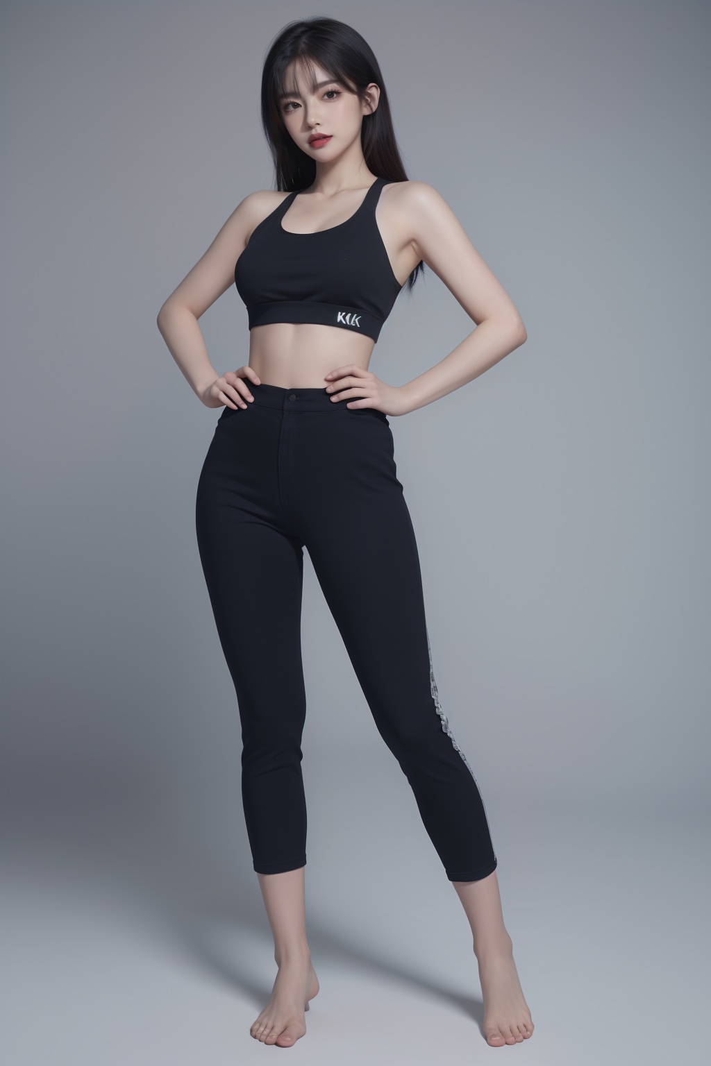 1girl, bare shoulders, barefoot, black hair, black nails, black pants, breasts, capri pants, crop top, full body, hand on hip, leggings, lips, long hair, makeup, midriff, nail polish, nose, pants, solo, sports bra, standing, toenail polish, toenails, yoga pants<lora:运动美女:0.66>