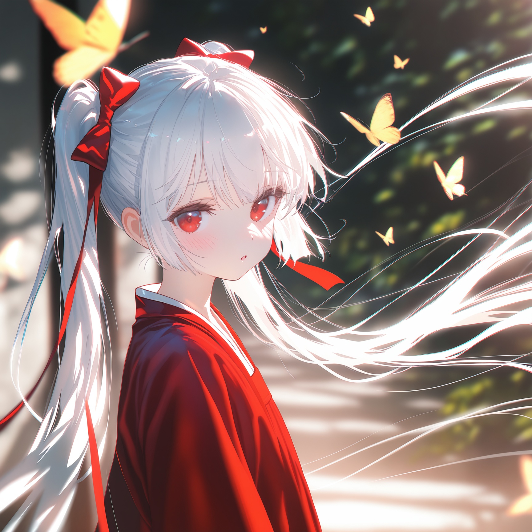 masterpiece,best quality,high quality,loli,chromatic_aberration,//,1girl,solo,long hair,looking at viewer,blush,bangs,red eyes,long sleeves,twintails,very long hair,upper body,white hair,hair bow,parted lips,hanfu,Red Hanfu,blurry,:o,floating hair,depth of field,animal,bug,butterfly,//,//,official art,depth of field,detailed light,blurry background,cinematic lighting,ray tracing,ultra detailed,god rays,backlighting,photo background,film grain,chromatic aberration,volumetric lighting,depth of field,blurry background,shiny skin,floating hair,cinematic lighting,day,very aesthetic,<lora:MAQ326——【noob】hans:0.8>,