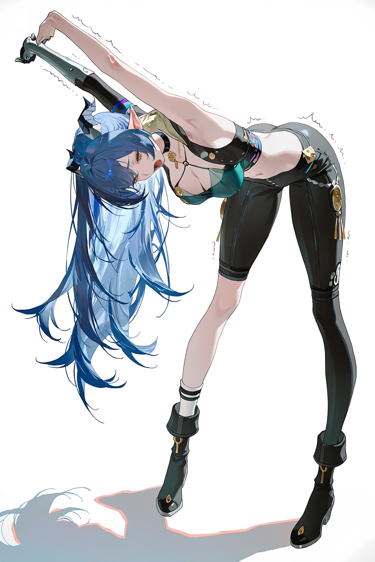 8k,best quality,masterpiece,(ultra-detailed),(high detailed skin),(artist:reoen:0.826446),(artist:machi:0.9),(artist:ningen_mame:0.9),(honjou_raita:0.8),redum4,fajyobore,1girl,armpits,arms_up,own_hands_together,leaning forward,full body,ass_up,facing up,standing,arched back,stretching,bent over,black_pants,breasts,collarbone,furrowed_brow,large_breasts,long_hair,messy_hair,navel,open_mouth,pants,see-through_silhouette,shirt,simple_background,sleeveless,sleeveless_shirt,tearing_up,thick_eyebrows,trembling,white_background,yawning,<lora:Lucia-will-Tanger:0.7>,Lucia \(Zenless Zone Zero\),Square-shaped pupils,Luciadef horns,Luciadef  pointy ears,1girl,breasts,blue hair,yellow eyes,cleavage,pointy ears,single glove,