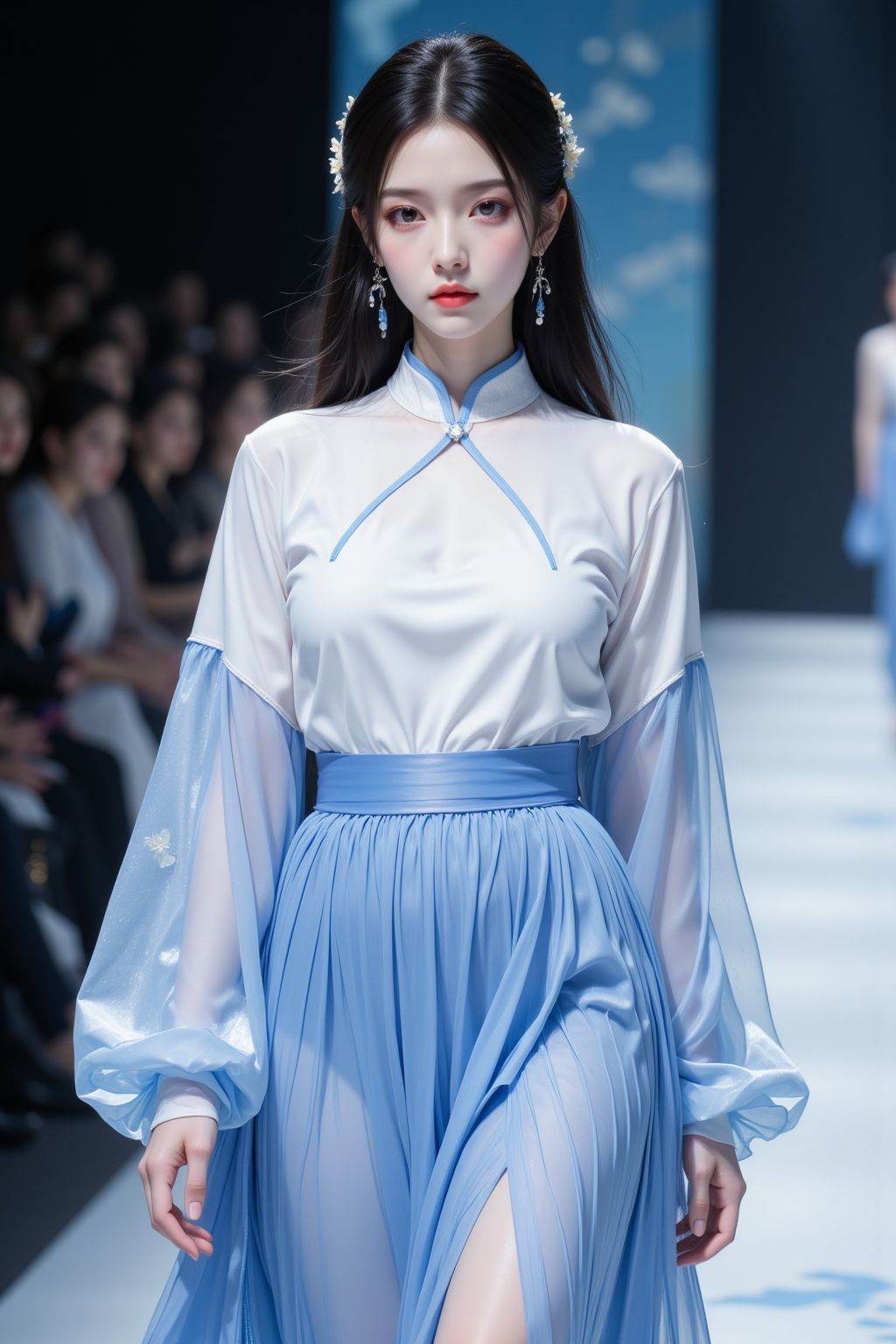 Fuji camera filter,Catwalk,Vogue Runway K-pop models walk the catwalk,young woman,black long hair,brown eyes,full body,simple outfits,white and blue turtleneck clothes and a pleated blue skirt,hanfu,flower paint,and you can see the catwalk when you look from the side.