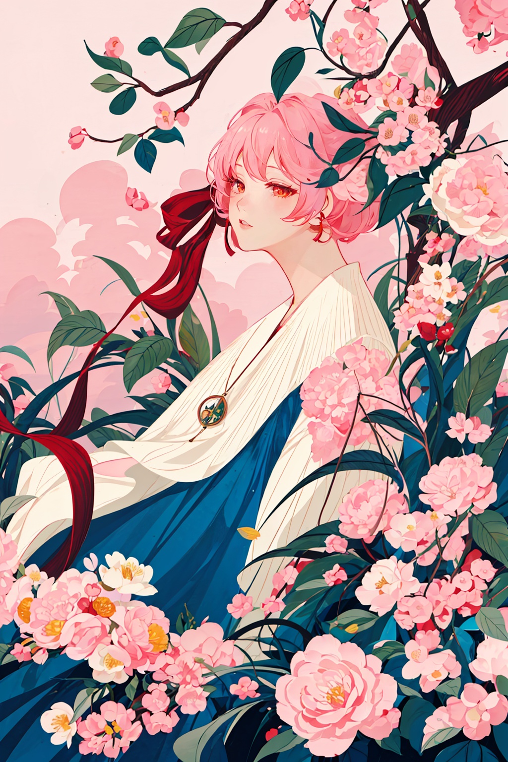 TT,flower,1girl,pink hair,pink flower,tree,ribbon,wide shot,leaf,cloud,red ribbon,gradient,cherry blossoms,gradient background,short hair,branch,