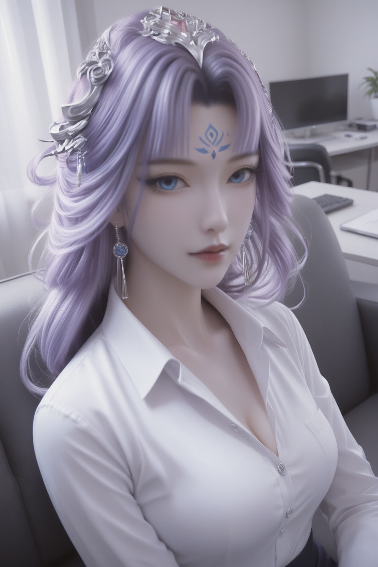 hongfen,<lora:hongfenXL:0.7>,score_9,score_8_up,source_anime,score_7_up,highly detailed,ultra-high resolution,32K UHD,sharp focus,best-quality,masterpiece,unconventional supreme masterpiece,masterful details,temperate atmosphere,with a high-end texture,in the style of fashion photography,Dynamic Angle,(Dynamic posture:1.1),1girl,medium breasts,looking at viewer,pale skin,sofa,sleepwear,blue eyes,earrings,long hair,purple hair,forehead mark,office,