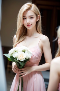 Ultra-realistic 8k CG,masterpiece,best quality,(photorealistic:1.4),HDR,absurdres,Professional,RAW photo,lens flare,(film grain:1.1),Bokeh,((Depth of field)),studio light,a woman in a pink dress,a bouquet of flowers in front of a mirror and a pink background,1girl,blonde_hair,bouquet,flower,lips,long_hair,looking_at_viewer,pink_dress,smile,solo,Highly detailed,Professional,extreme detail description;,