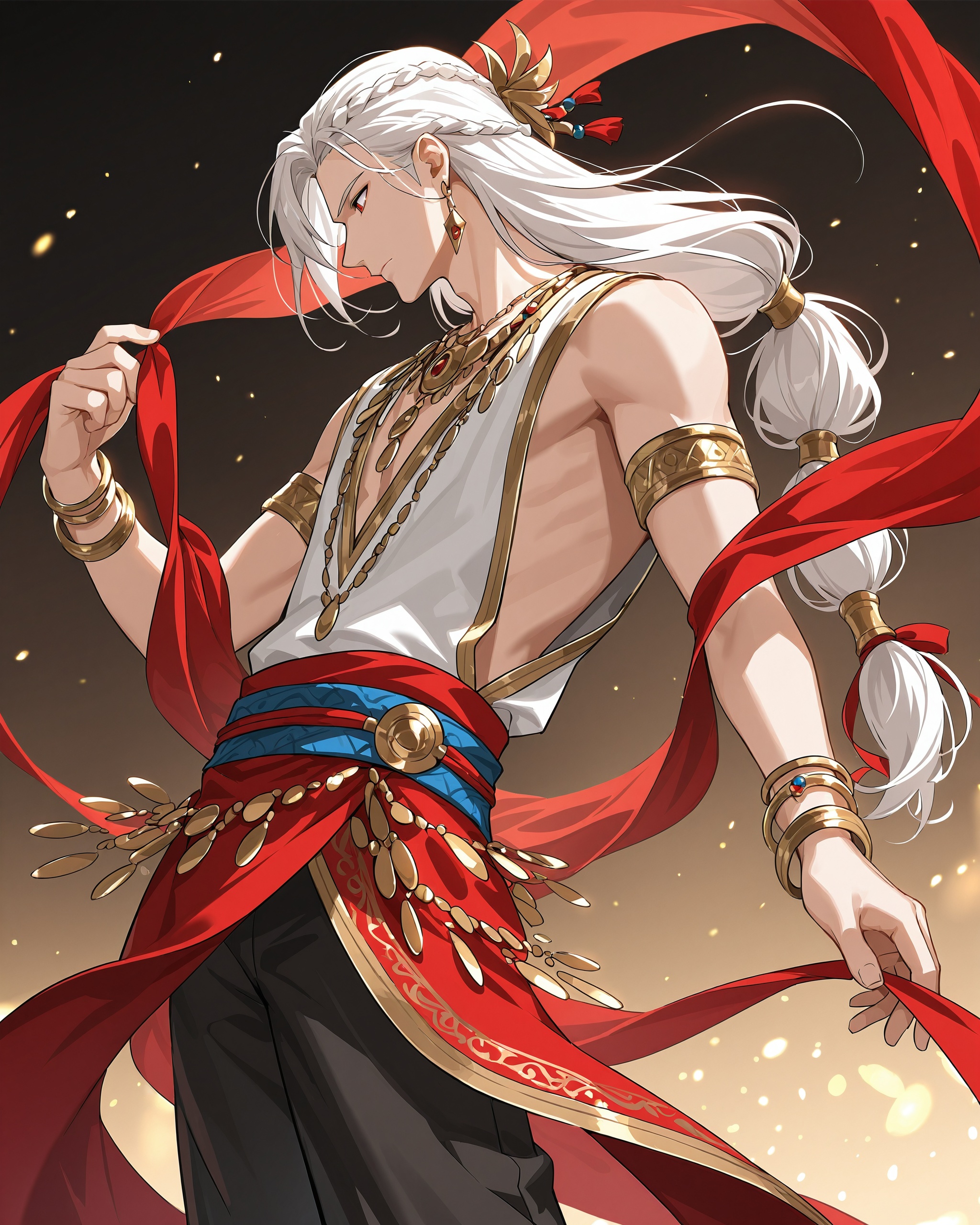 jewelry,armlet,solo,bracelet,1boy,pants,long hair,ribbon,earrings,multi-tied hair,male focus,hair ornament,shawl,sash,white hair,red ribbon,dancer,profile,low-tied long hair,closed mouth,necklace,gold trim,sleeveless,holding,braid,bangle,