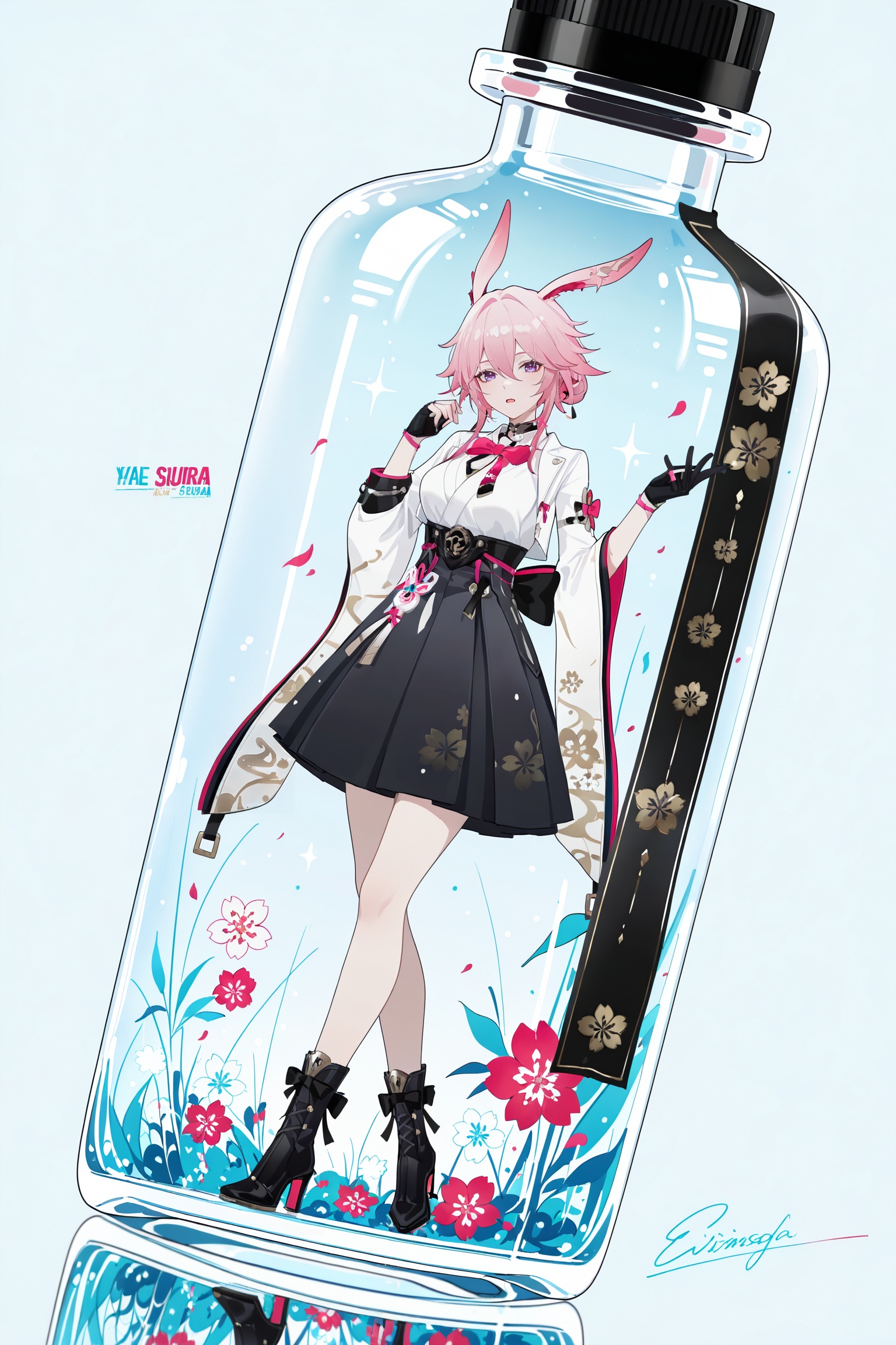 masterpiece,best quality,good quality,1girl,::,__artist__,year 2024,(blending:1.4),(limited palette:1.2),(no lineart:1.2),(flat color:1.2),(light blue background:1.2),(spot color:1.2),dutch angle,minimalism,silhouette,flat color,open mouth,no lineart,breasts,limited palette,signature,very awa,masterpiece,best quality,newest,highres,absurdres,<lora:add-detail-xl:0.8>,<lora:jijia-gnoobv-Tanger-000014:0.7>,jijia,2d,anime,1girl,solo,looking at viewer,in container,see-through,standing,hand up,character name,black background,reflection,copyright name,gradient,a glass bottle with a picture of a woman on it,a picture of a girl inside a clear container with a bunch of stuff in it,interval glass,inside the container,glass separation,<lora:Evanescia-ill-Tanger-000014:0.8>,Evanescia \(Honkai: Star Rail\),yae sakura,clothes: white shirt and black skirt,1girl,bangs,long sleeves,bow,long animal ears,pink hair,boots,japanese clothes,black gloves,bowtie,black footwear,high heels,fox ears,white jacket,purple eyes,