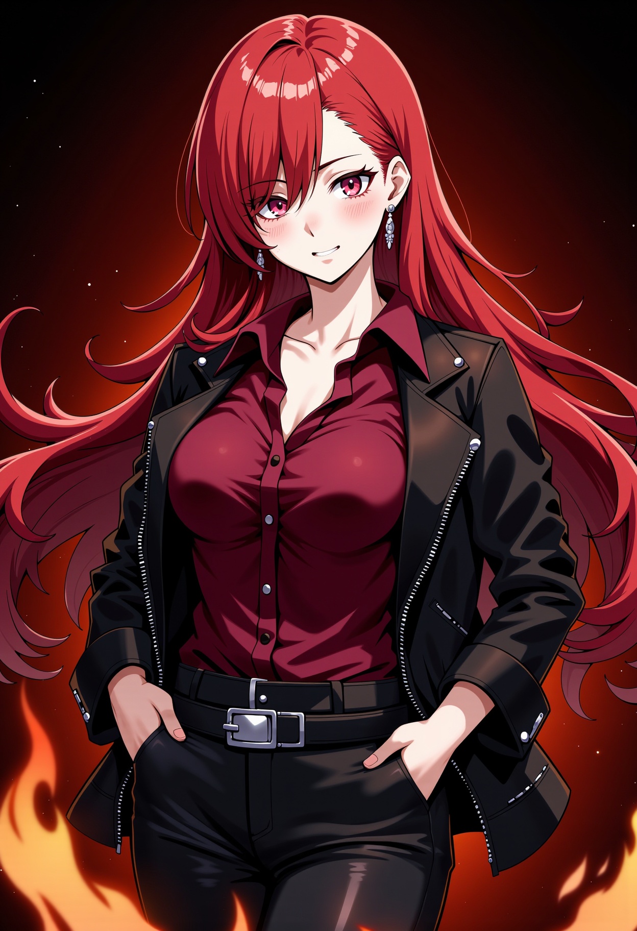 The image is a digital illustration in an anime style,  depicting a young woman with striking features. She has a pale ski...